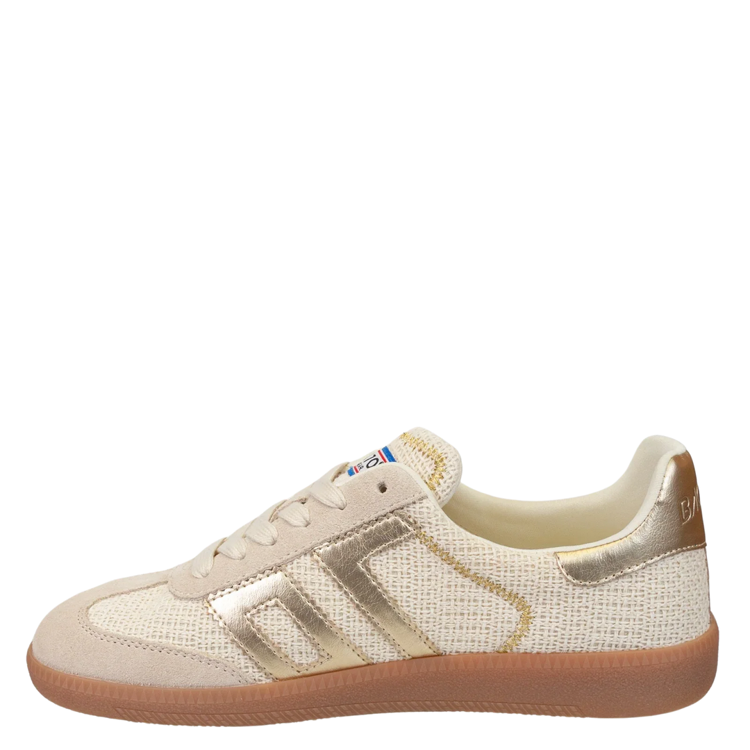 The Zertz IUTA 2512 GOLD SNEAKER is a stylish beige and gold shoe with a woven upper, suede accents, metallic gold touches, and a light brown gum sole, shown in side profile on a white background.