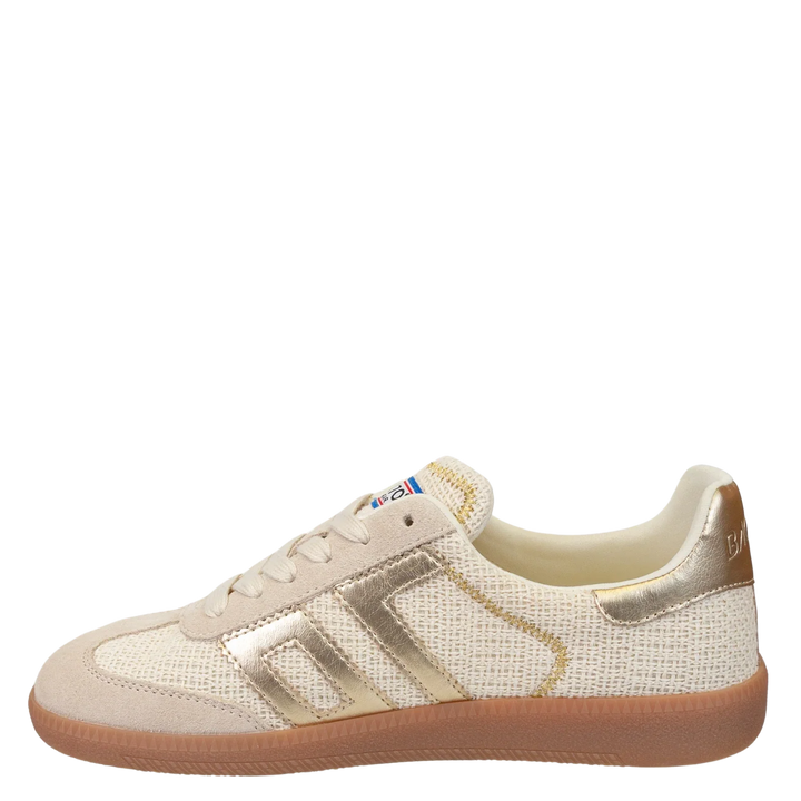 The Zertz IUTA 2512 GOLD SNEAKER is a stylish beige and gold shoe with a woven upper, suede accents, metallic gold touches, and a light brown gum sole, shown in side profile on a white background.