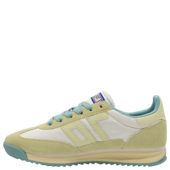 The Zertz JOGGER N26 in SNEAKERS features a pastel yellow suede upper, white panels, pastel blue laces, a multicolored logo tag, and blue collar with sole accents—combining retro style and quiet luxury in its refined profile.
