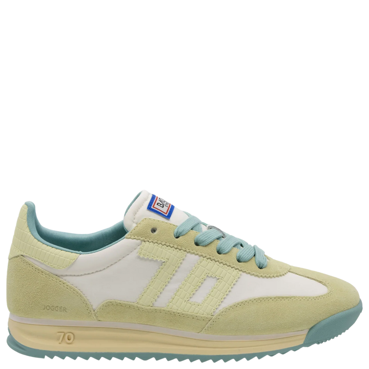 The Zertz JOGGER N26 in SNEAKERS boasts a retro pastel leather look with pale yellow and off-white panels, light blue laces, a blue-tinted sole, number 70 stitched on the side, and a branded tongue label.