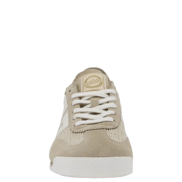 Front view of the Zertz LEON BEIGE SNEAKER in beige and white with white laces, a handcrafted suede toe cap, mesh upper, and a round beige tongue label with logo, set on a plain white background.