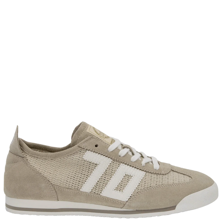 The Zertz LEON BEIGE SNEAKER features a beige mesh and handcrafted suede upper, white laces, “70” in white on the side, a white and gray sole, and low-top design—ideal for casual sportswear looks.