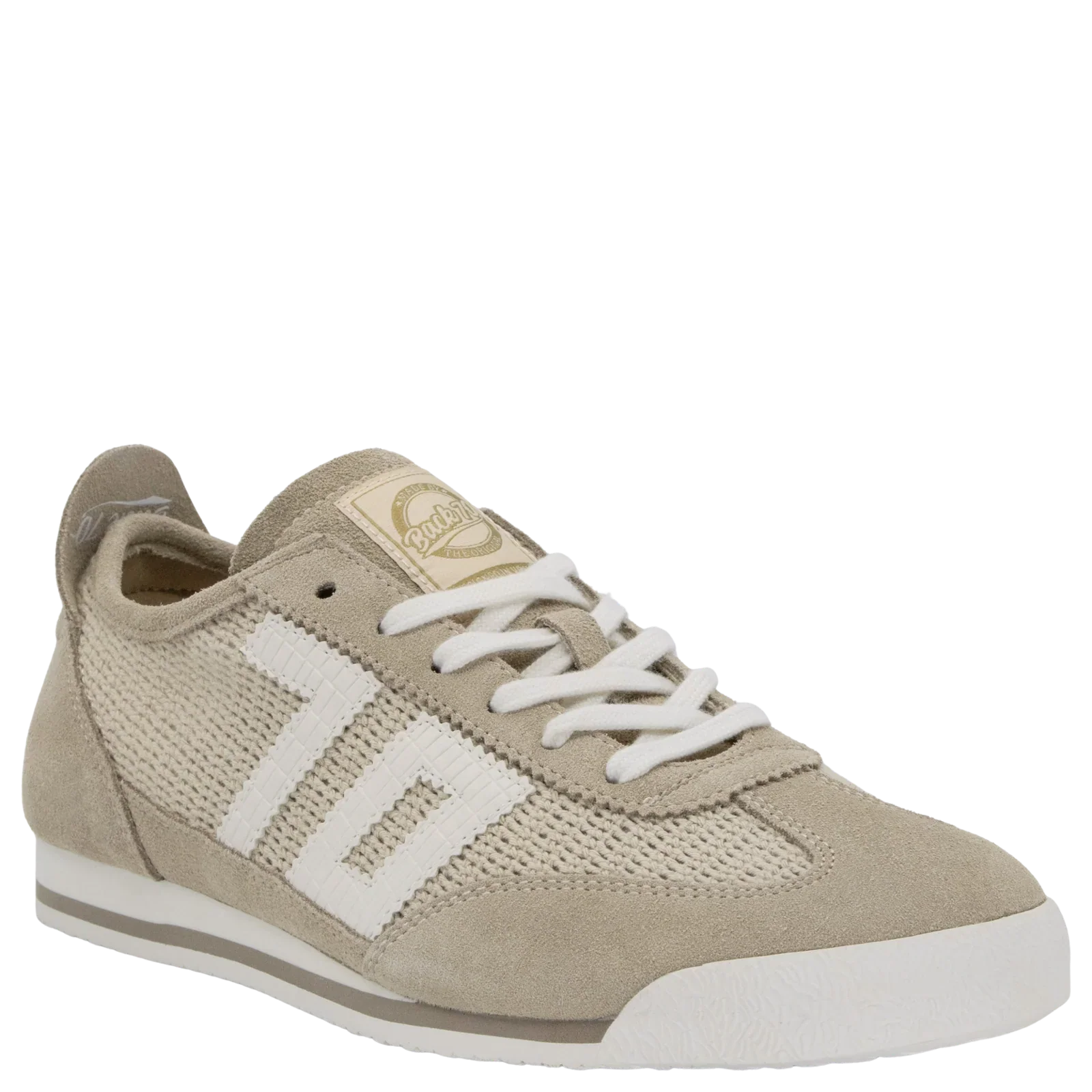 The Zertz LEON BEIGE SNEAKER features a retro beige and white design with handcrafted suede, knit textures, white laces, a bold 70 on the side, and a beige logo patch—ideal for casual sportswear. Displayed at a three-quarter angle on white.