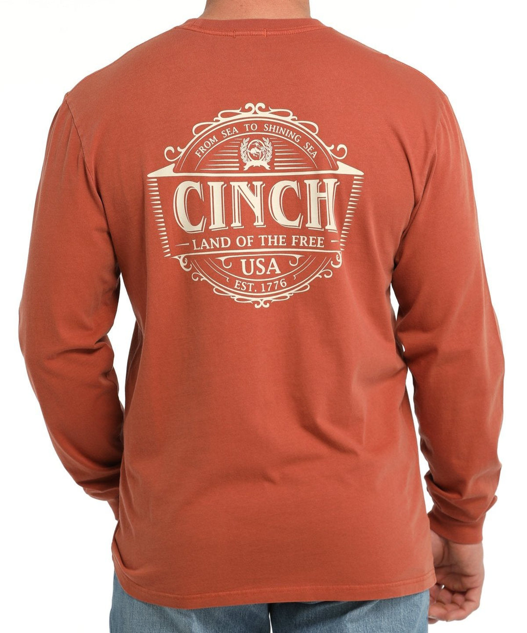 CINCH MEN'S LONG SLEEVE LAND OF THE FREE SCREEN PRINT JERSEY TEE in ORANGE