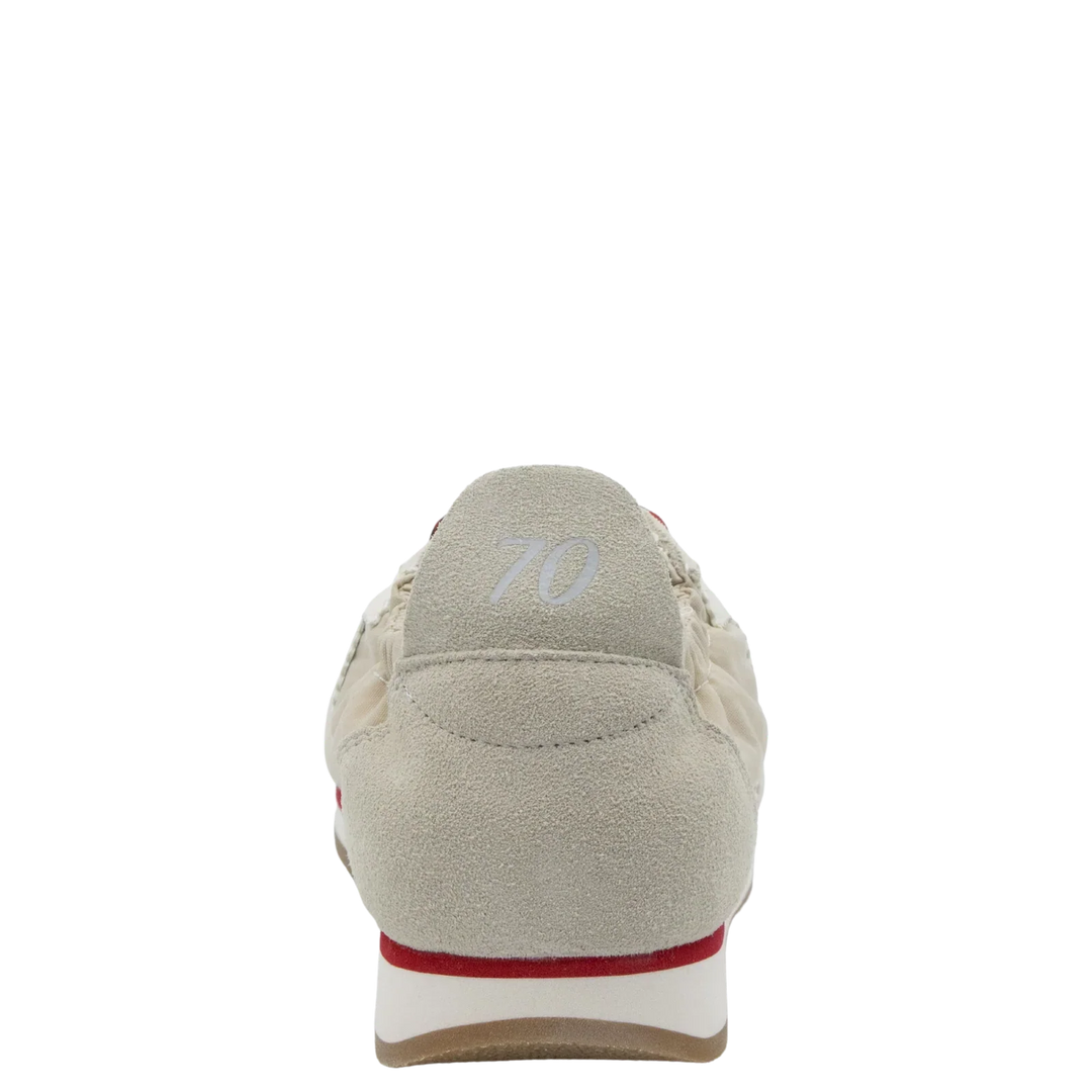 The Zertz ROCKET SAND SNEAKERS are beige with a suede finish, red sole accents, and "70" in light grey on the heel. Shown from the back on a plain white background.