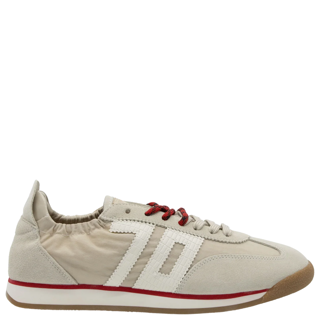 The Zertz ROCKET SAND SNEAKERS feature a beige, running-inspired design with a white "70" on the side, red trim on the sole, sporty red eyelets, and an elastic collar, shown against a white background.