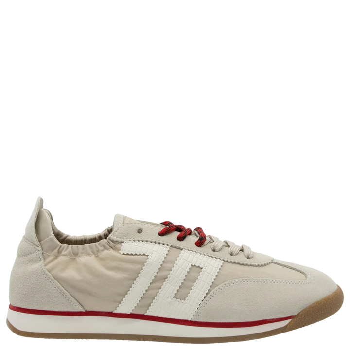 The Zertz ROCKET SAND SNEAKERS feature a beige, running-inspired design with a white "70" on the side, red trim on the sole, sporty red eyelets, and an elastic collar, shown against a white background.