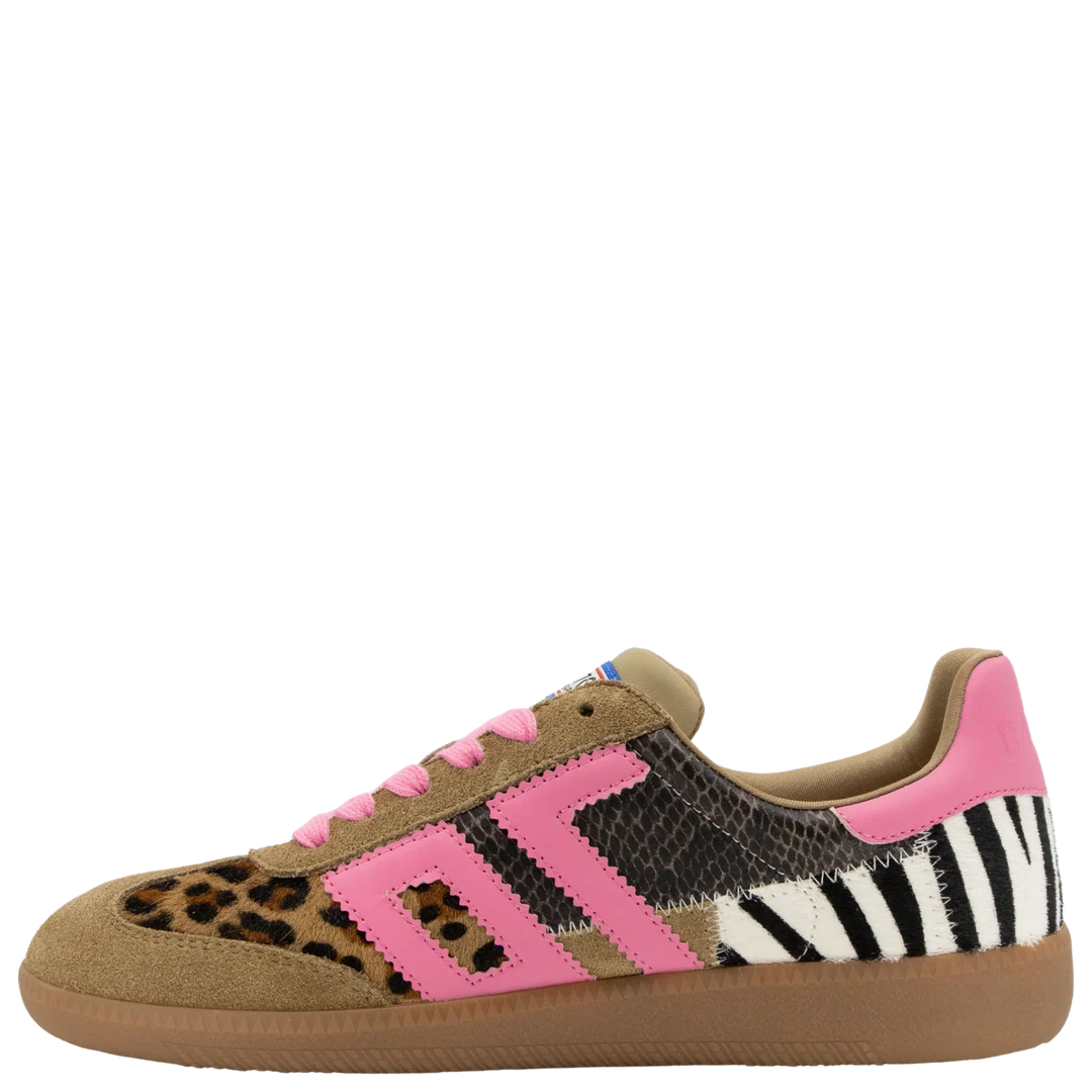 The Zertz SQUID IN LEOPARD ZEBRA FUXIA SNEAKER features leopard, snakeskin, and zebra-print leather with pink accents, fuchsia laces, tan suede trim, and a classic gum rubber sole.