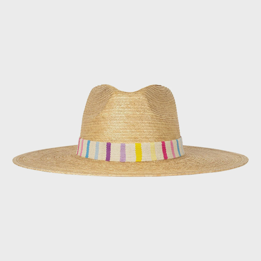 The Zertz VALENTINA PALM HAT is a sustainable, wide-brimmed straw hat featuring a colorful striped band around the crown, shown against a plain white background.