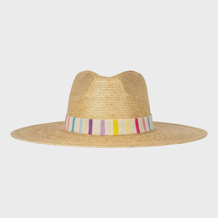 The Zertz VALENTINA PALM HAT is a sustainable, wide-brimmed straw hat featuring a colorful striped band around the crown, shown against a plain white background.