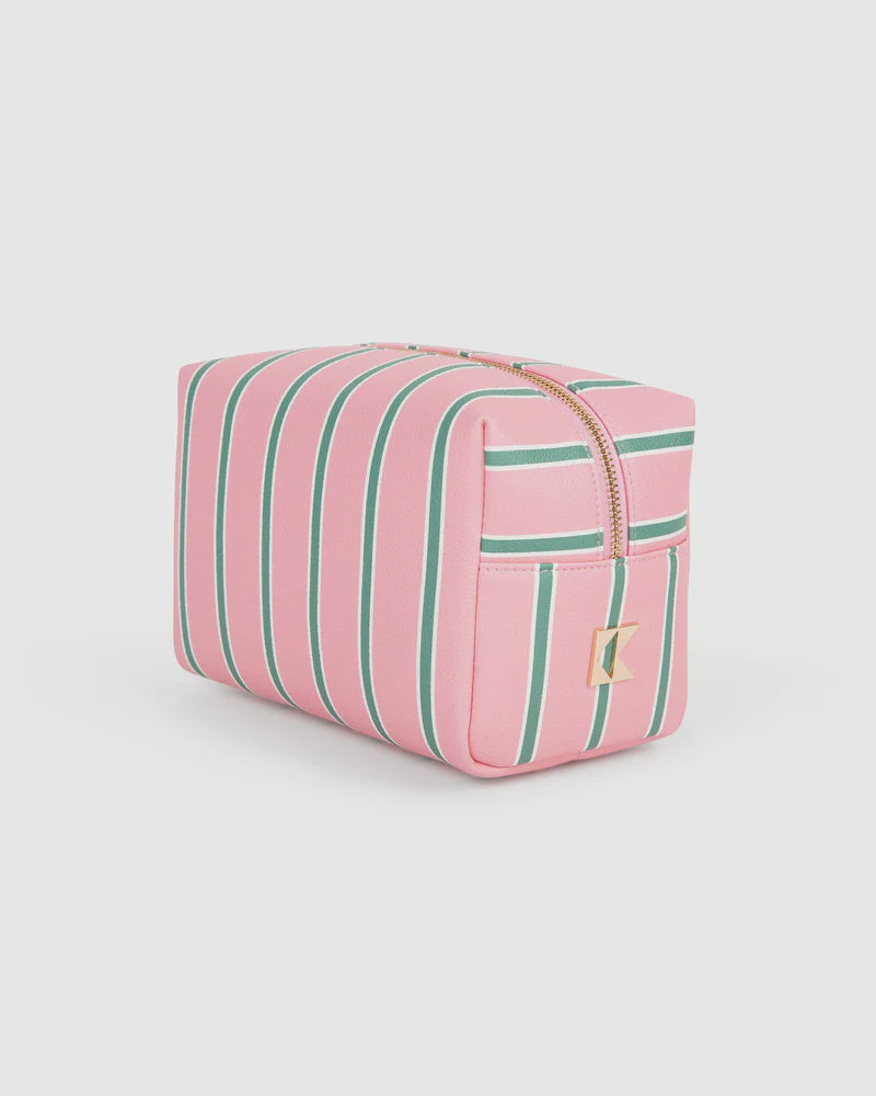The Zertz THE CLASSIC ACCESSORY BAG TAILORED STRIPE is a pink rectangular vegan leather bag with green and white vertical stripes, featuring a zipper—ideal as a chic travel accessory on any trip.