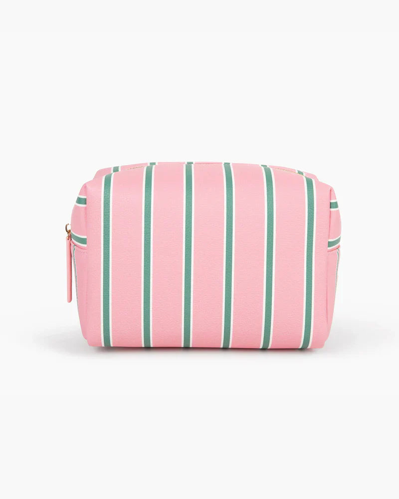 The Zertz THE CLASSIC ACCESSORY BAG TAILORED STRIPE features pink vegan leather with green and white vertical stripes—an ideal zippered bag for travel or daily use, shown against a plain white background.