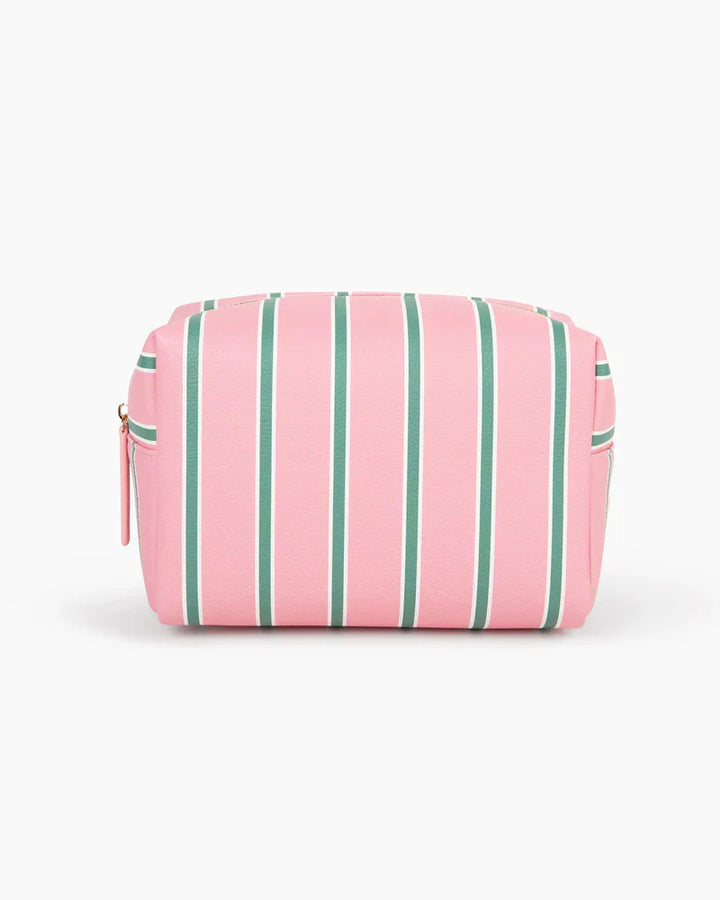 The Zertz THE CLASSIC ACCESSORY BAG TAILORED STRIPE features pink vegan leather with green and white vertical stripes—an ideal zippered bag for travel or daily use, shown against a plain white background.
