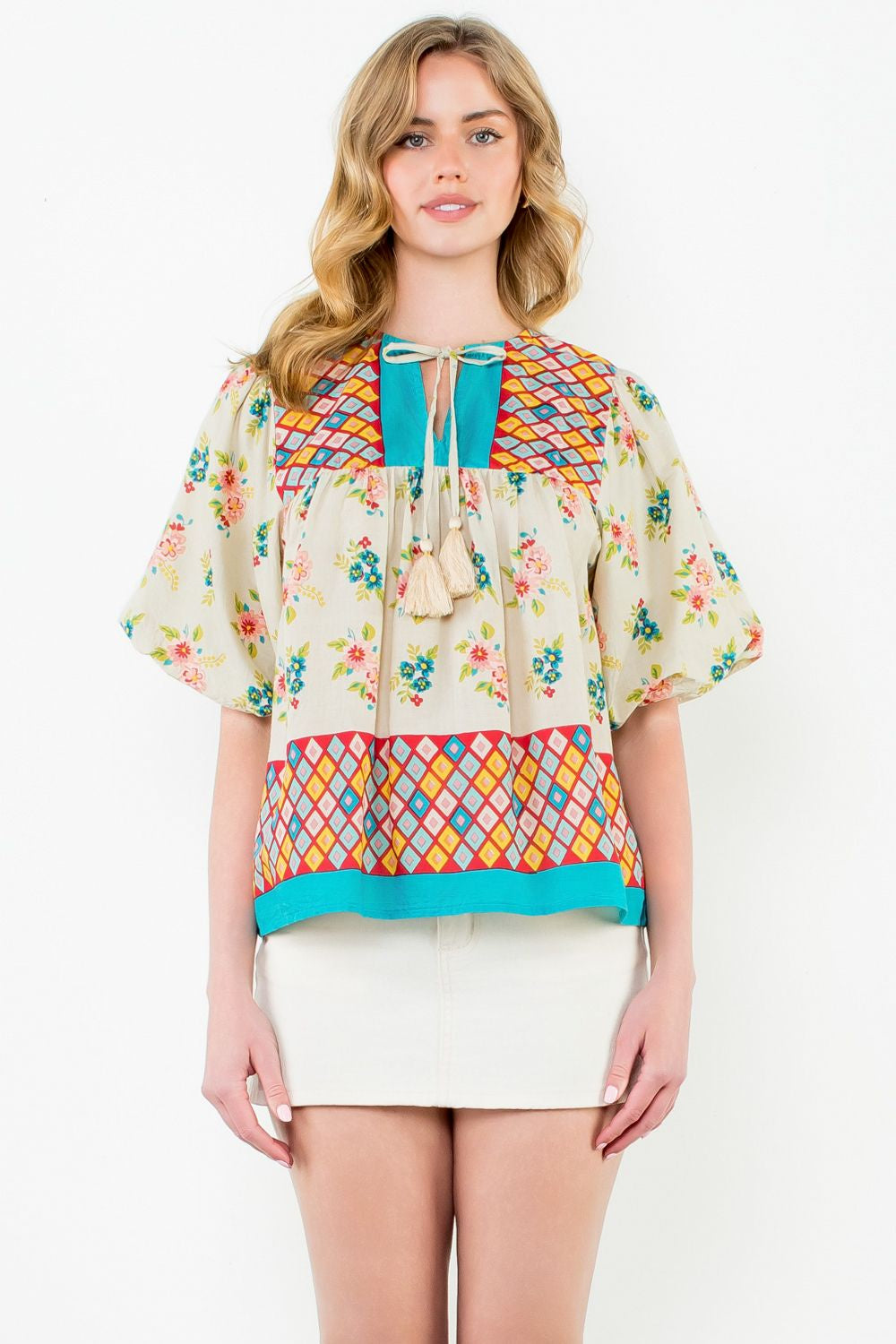 PUFF SLEEVE FLORAL TASSEL TIE TOP