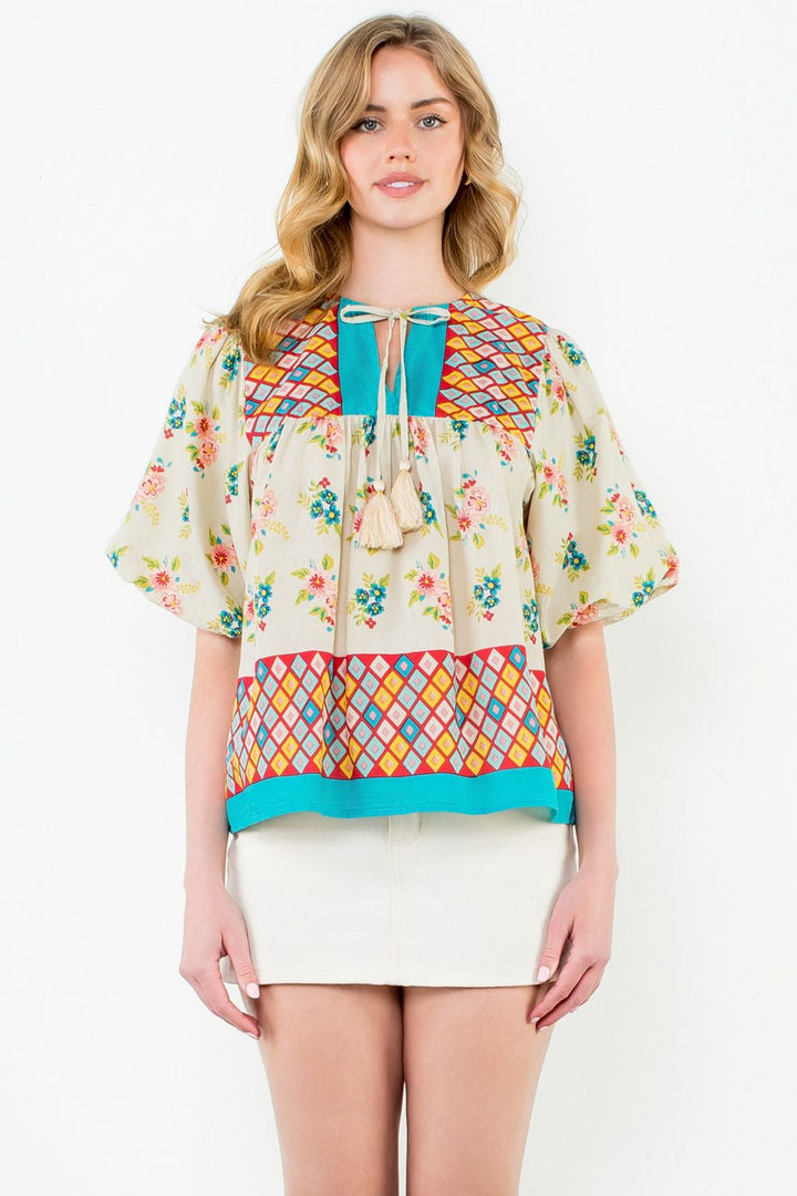 PUFF SLEEVE FLORAL TASSEL TIE TOP