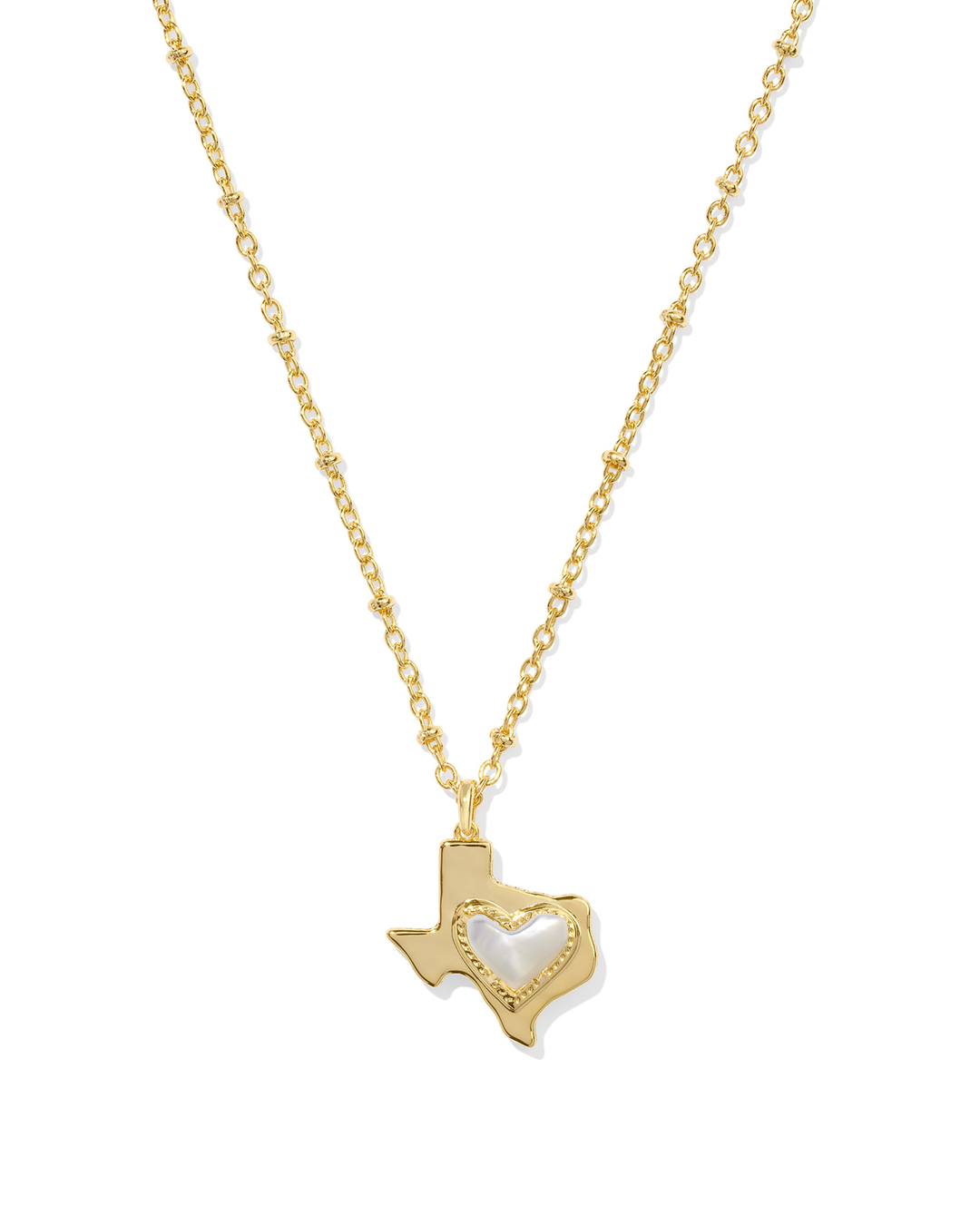 The Zertz ARI HEART TEXAS SHORT PNDT NCK features a Texas-shaped gold pendant with a white enamel heart, suspended from a delicate chain—perfect for showing your love for Texas jewelry.
