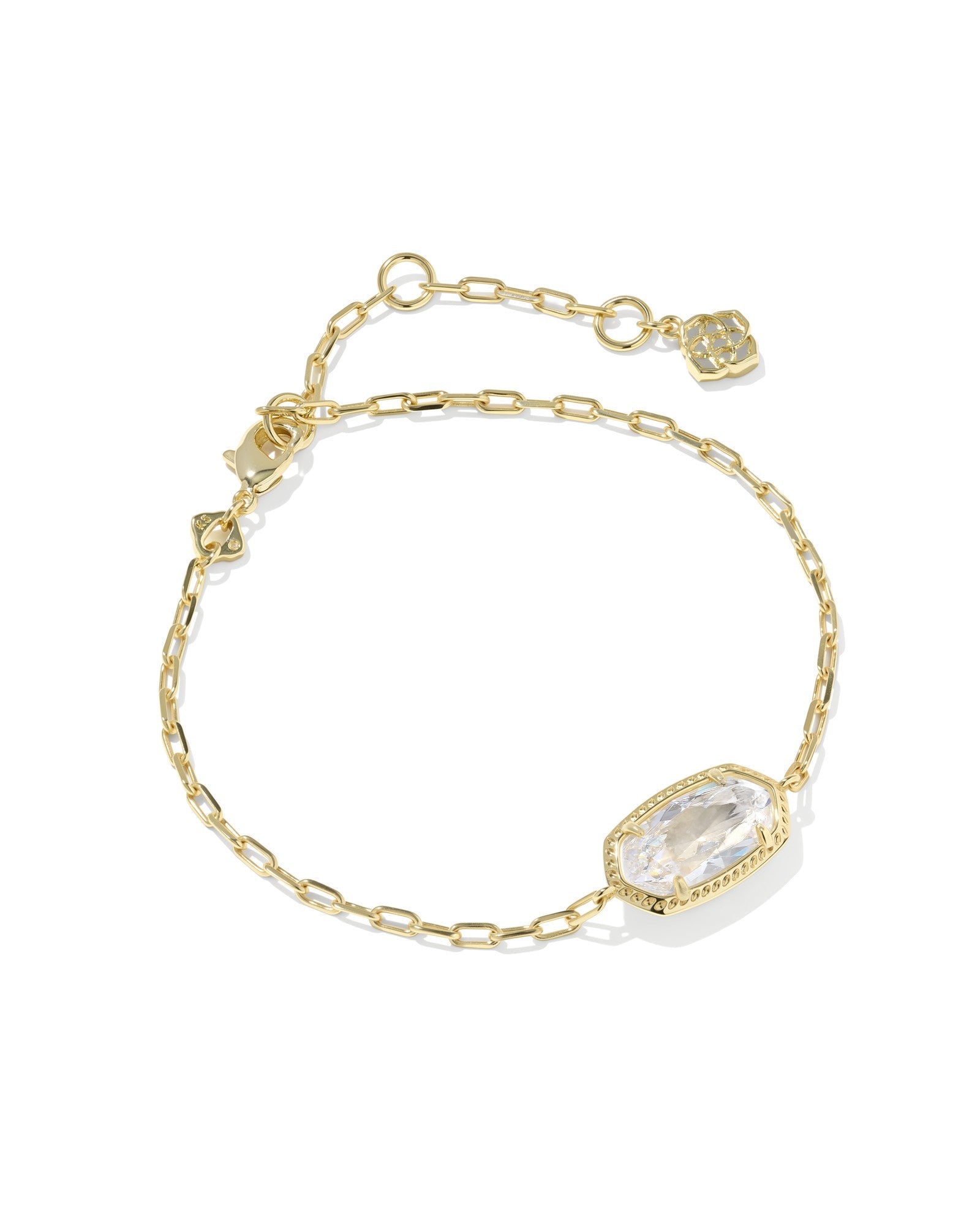 The Zertz ELAINA LUXE CHAIN BRACELET in WHITE CZ features a rectangular clear gemstone, adjustable gold chain, and charm accent—a versatile accessory adding subtle luxury to any outfit.