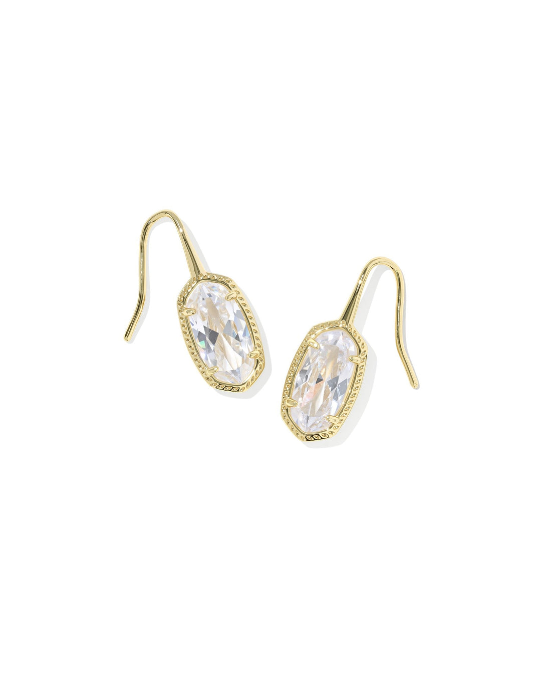 The Zertz LEE LUXE DROP EARRING features white CZ oval gemstones in a delicate gold frame with hook backs for a touch of luxury.