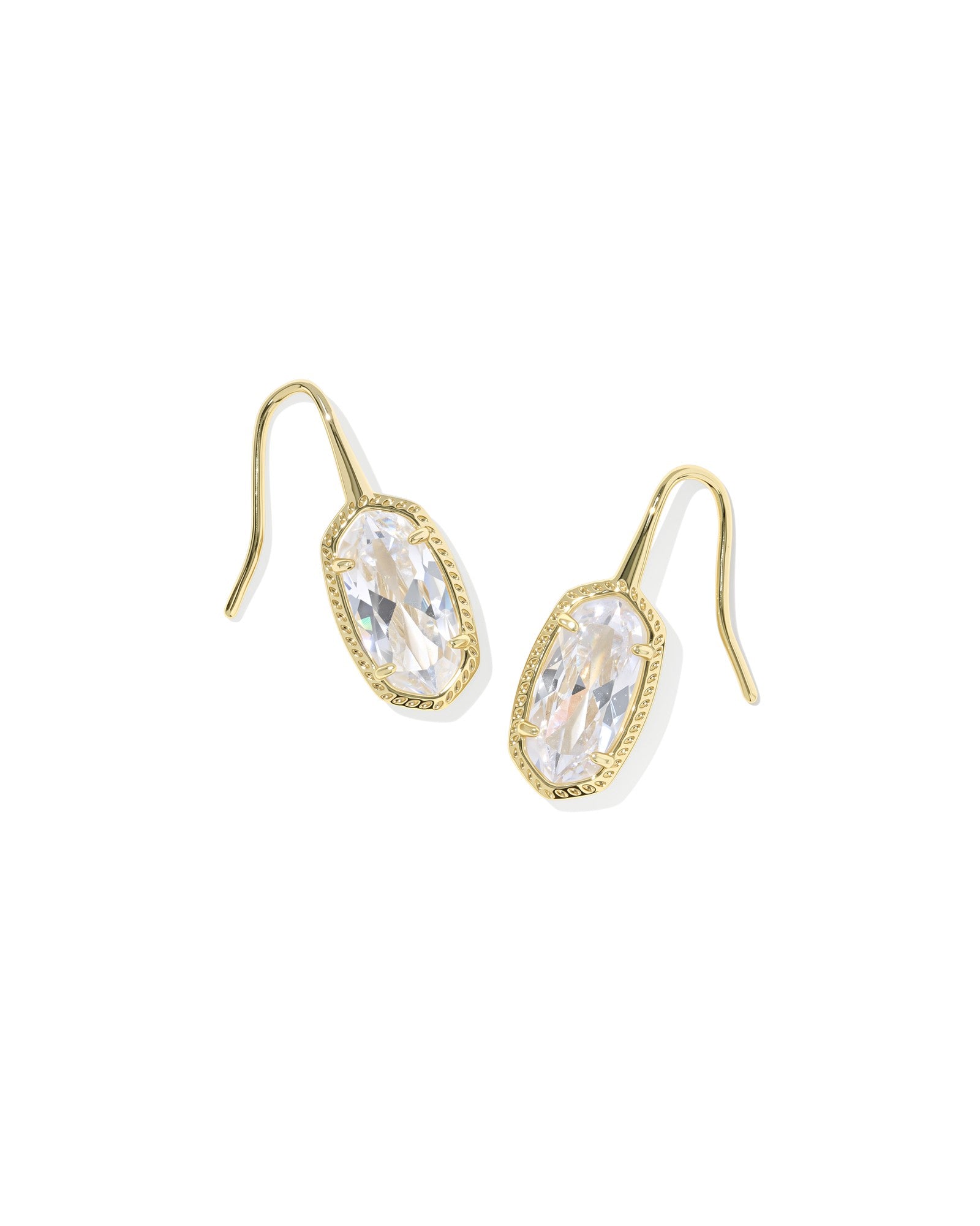The Zertz LEE LUXE DROP EARRING features white CZ oval gemstones in a delicate gold frame with hook backs for a touch of luxury.