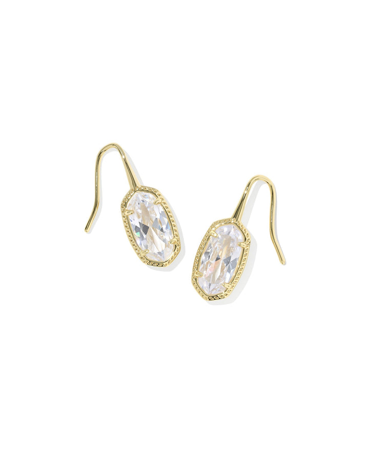 The Zertz LEE LUXE DROP EARRING features white CZ oval gemstones in a delicate gold frame with hook backs for a touch of luxury.