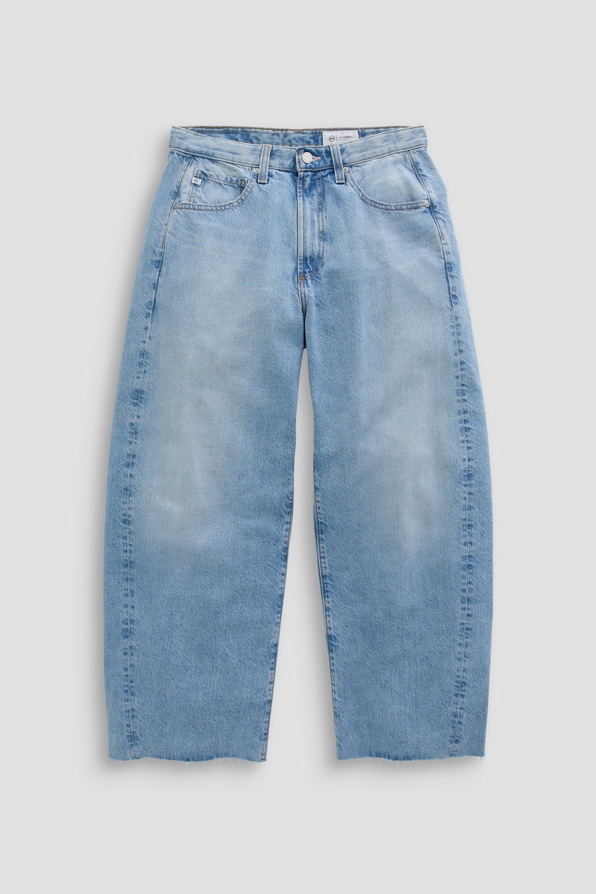The Zertz HATTIE CROP BARREL JEAN GESTURE is a light blue, high-waisted, wide-leg cropped denim with five pockets and raw hems, shown laid flat on a plain light gray background.