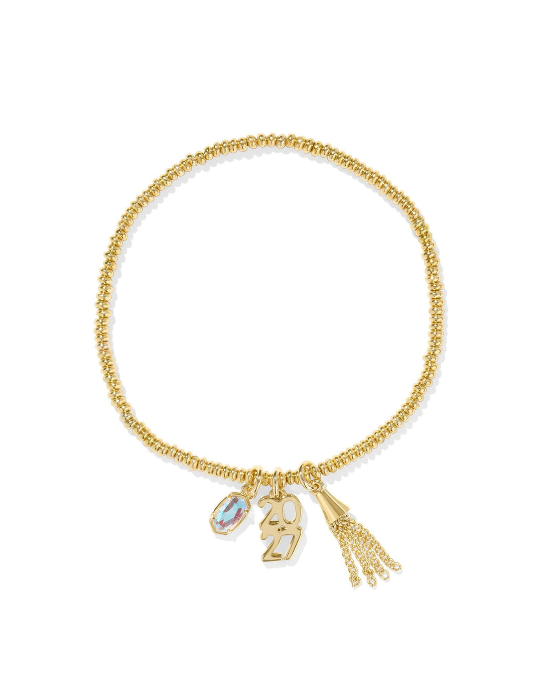 The Zertz 2027 Grad Stretch Bracelet is a gold beaded design featuring three charms: a faceted oval gem, gold numbers reading 2027, and a gold tassel with fine chains.
