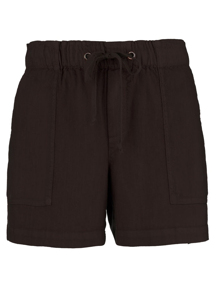 The Zertz KATANA HIGH RISE SHORT features a black design with an elastic waistband and two front patch pockets, crafted from premium fabric and shown on a plain white background.