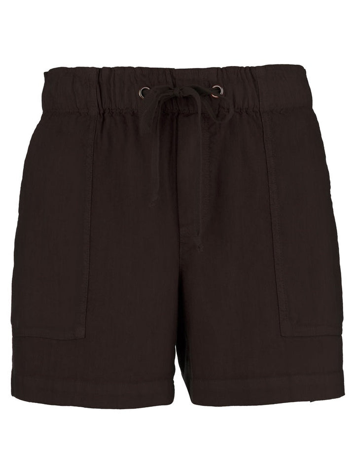 The Zertz KATANA HIGH RISE SHORT features a black design with an elastic waistband and two front patch pockets, crafted from premium fabric and shown on a plain white background.