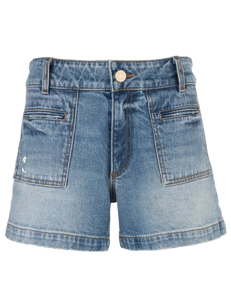 The Zertz JANE HIGH RISE SHORT features blue denim, a flattering waistband, rolled cuffs, front zipper and button closure, two large front pockets with brown stitching, and a slightly faded look.
