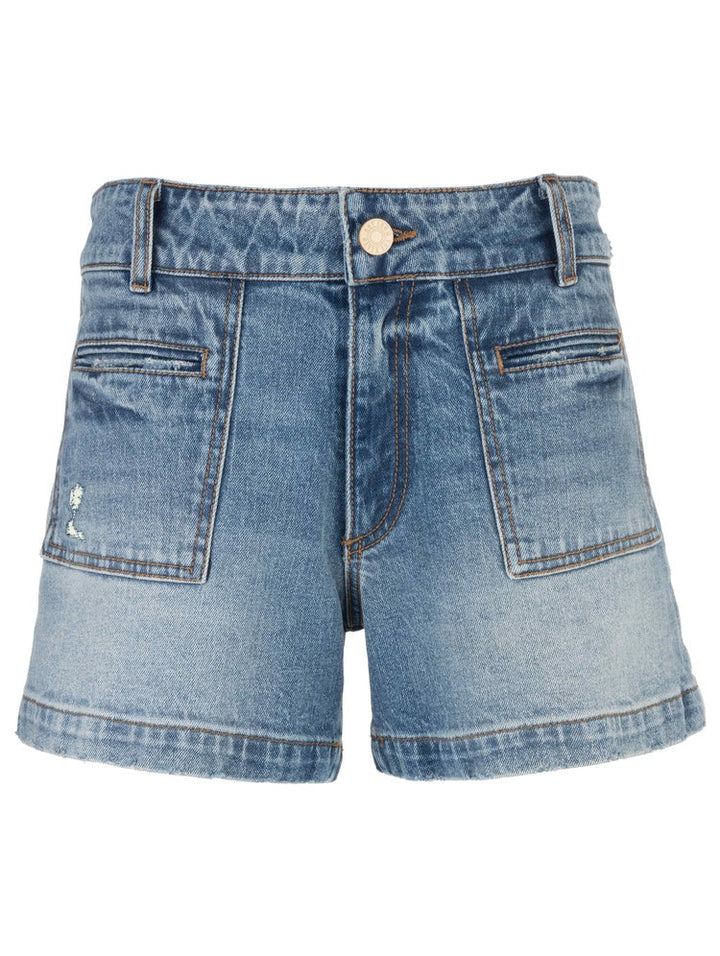 The Zertz JANE HIGH RISE SHORT features blue denim, a flattering waistband, rolled cuffs, front zipper and button closure, two large front pockets with brown stitching, and a slightly faded look.