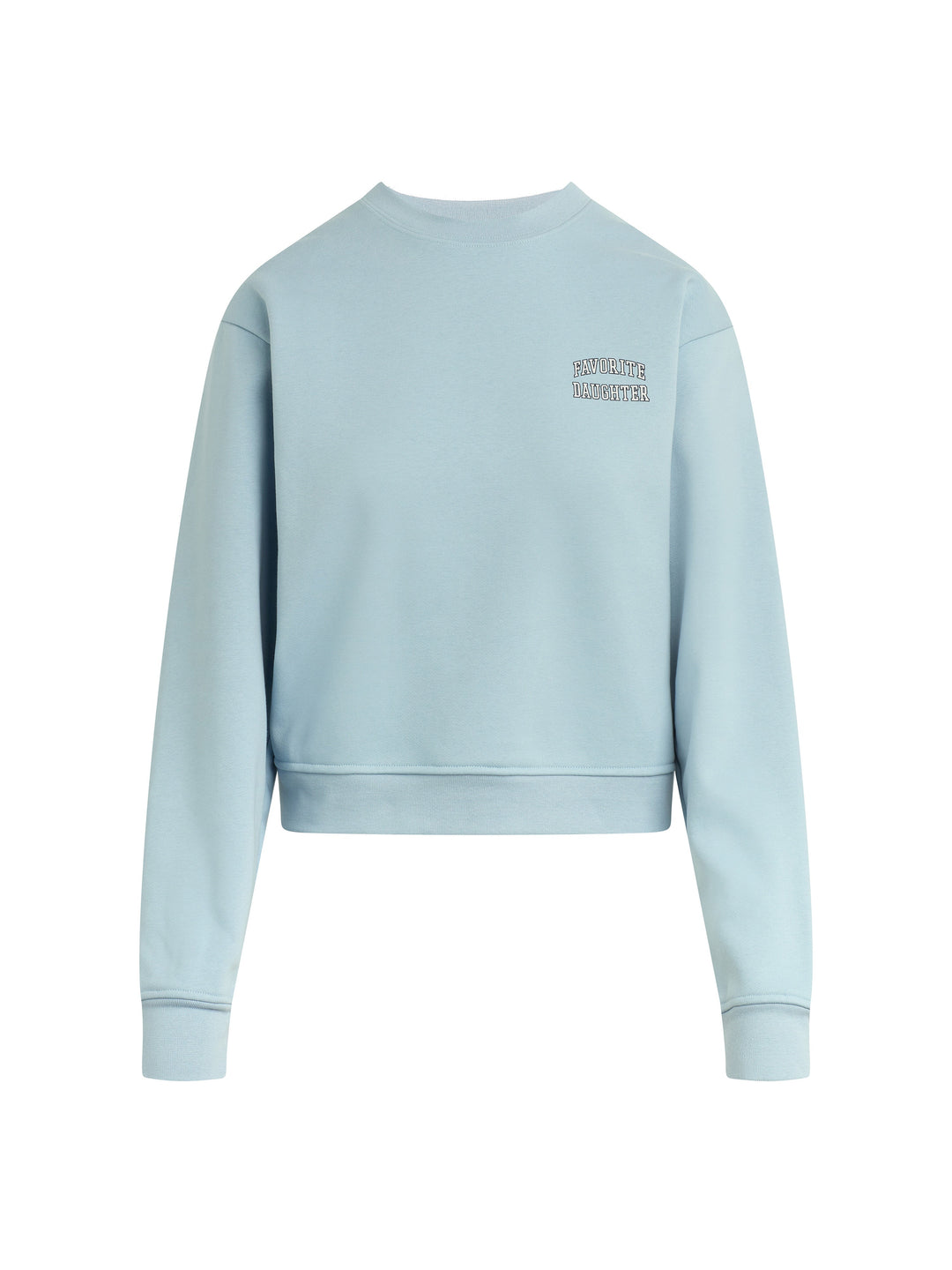 The Zertz COLLEGIATE CHEST CLASSIC SWEATSHIRT is a light blue, long-sleeve cropped top with small white text on the upper left shoulder. Its simple, minimal design is comfortable and ideal for everyday wear. Shown here from the back.