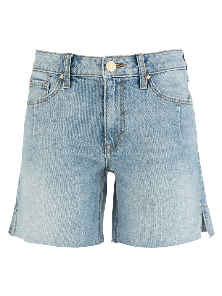 The Zertz JENNY HIGH RISE SHORT W/SLIT features a light blue wash, front and back pockets, button and zipper closure, belt loops, and small slits on the outer sides of each leg.