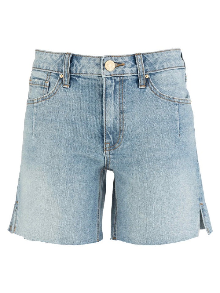 The Zertz JENNY HIGH RISE SHORT W/SLIT features a light blue wash, front and back pockets, button and zipper closure, belt loops, and small slits on the outer sides of each leg.