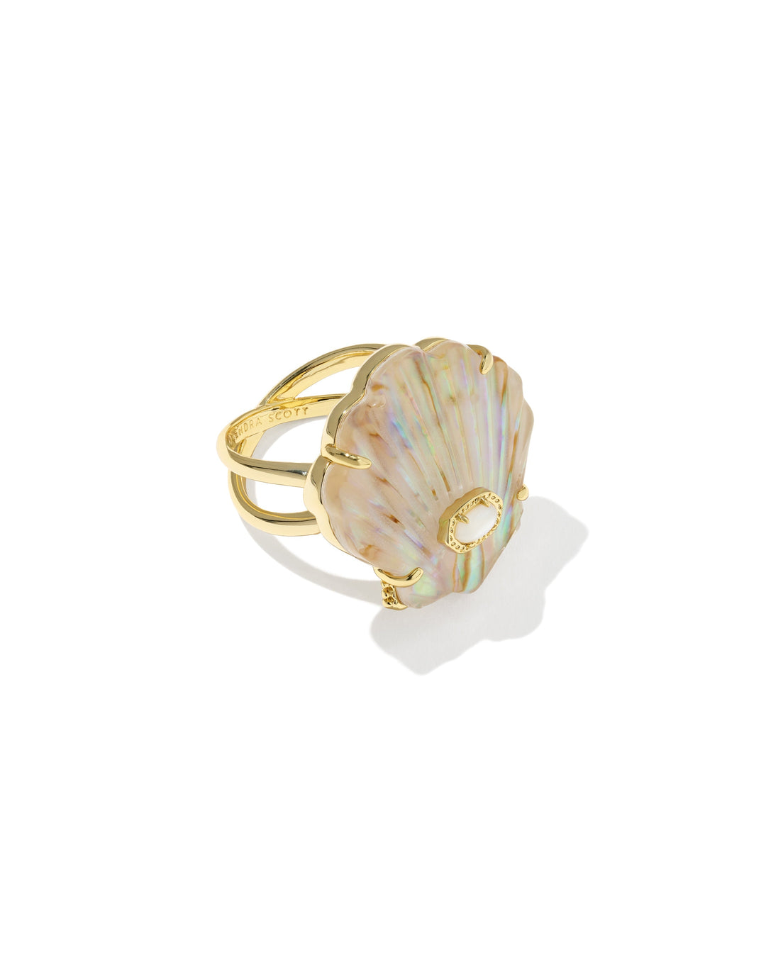 The Zertz LUCIA SHELL CCKTL RING features a striking, iridescent gold shell-shaped centerpiece with pastel hues on a double band—ideal for those who love unique coastal jewelry.