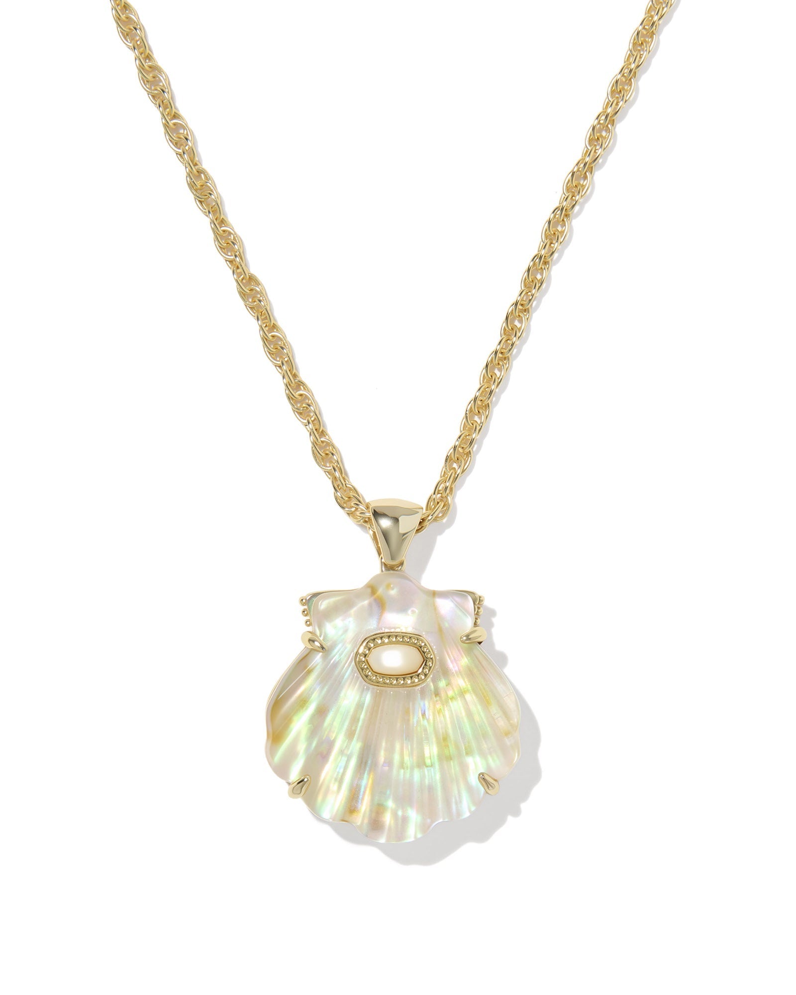 The Zertz LUCIA SHELL PNDT NCK is a gold necklace with a shiny, iridescent seashell-shaped pendant featuring an oval center detail, adjustable for the perfect fit. Shown on a white background, it adds coastal charm to any outfit.
