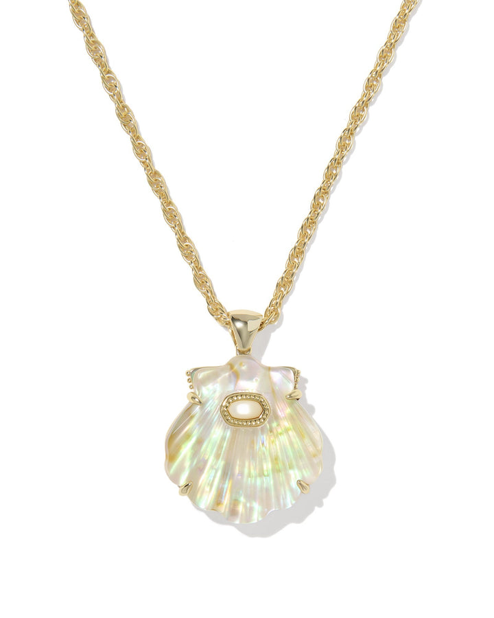 The Zertz LUCIA SHELL PNDT NCK is a gold necklace with a shiny, iridescent seashell-shaped pendant featuring an oval center detail, adjustable for the perfect fit. Shown on a white background, it adds coastal charm to any outfit.