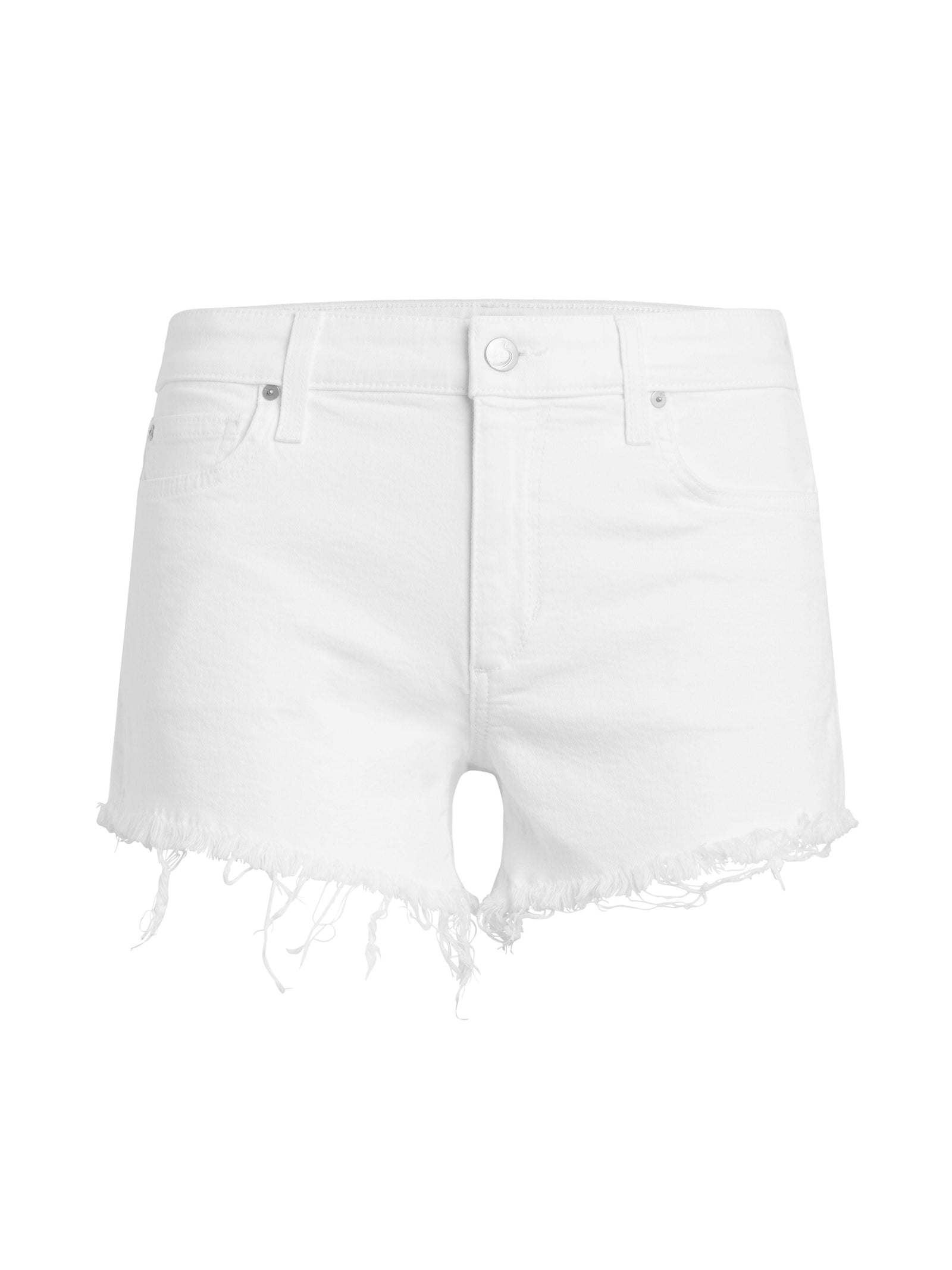The Zertz THE OZZIE 4" SHORT FRAY HEM WHITE is a pair of fitted white denim shorts with frayed hems, five pockets, and front button-zip closure, shown against a white background.