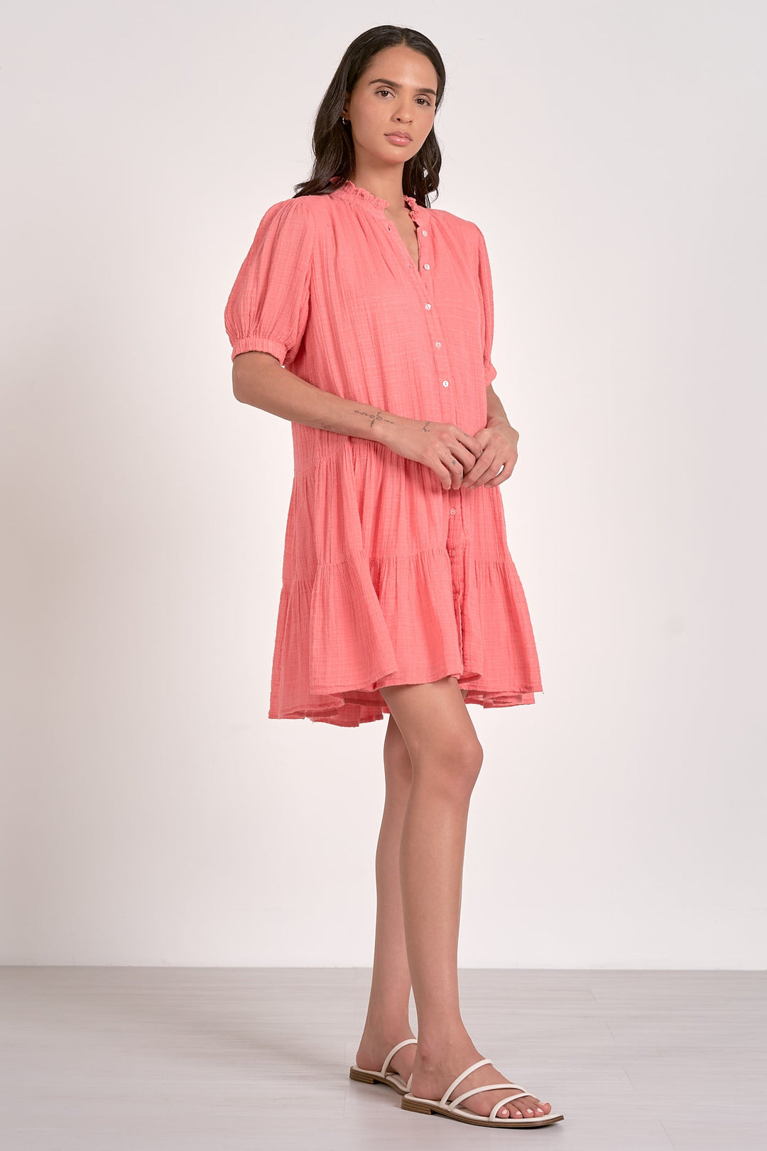 V NECK TIERED BUTTON DRESS