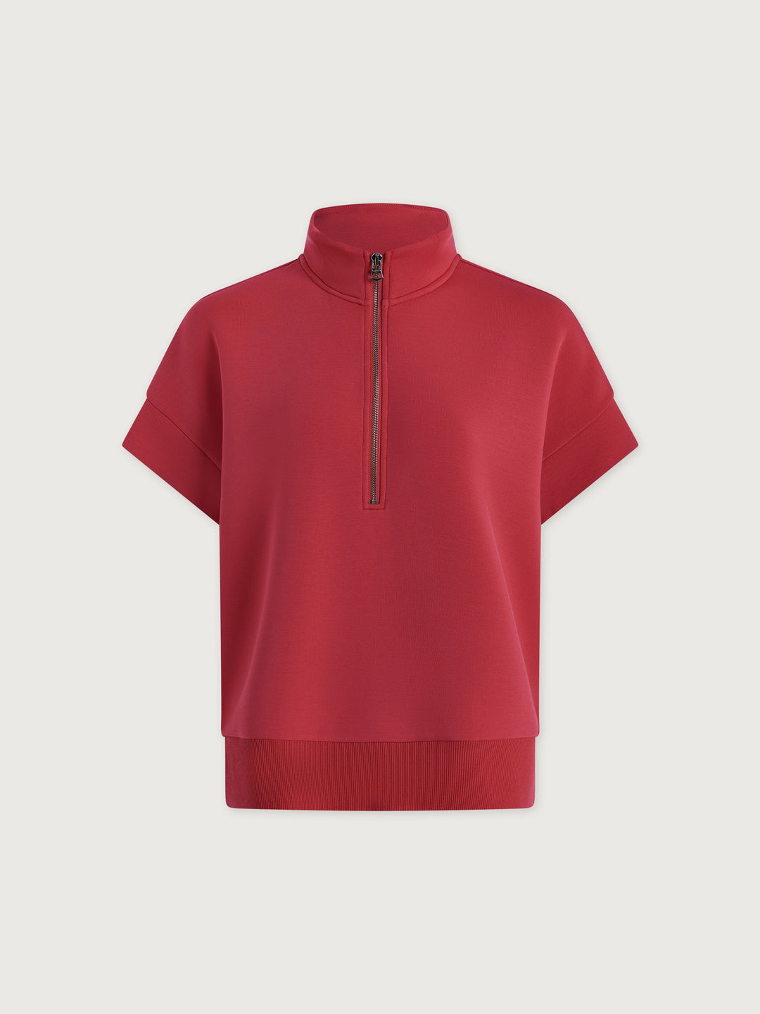 The Zertz RITCHIE SHORT SLEEVE SWEAT in Rich Raspberry features a high collar, front half-zip, and short sleeves—a vibrant pullover top to elevate your casual style. Shown against a plain white background.