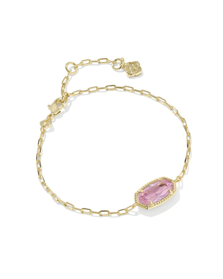The Zertz ELAINA LUXE CHAIN BRACELET features a delicate gold chain with an adjustable clasp and a hexagon-shaped LT PINK CZ gemstone, presented on a white background.