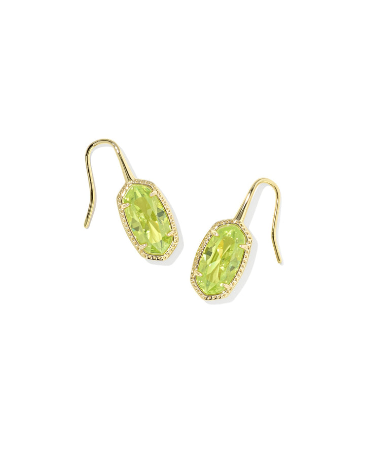 The Zertz LEE LUXE DROP EARRING features luxe gold drop earrings with oval-shaped faceted LT GREEN CZ stones bordered by small clear stones, shown against a white background.