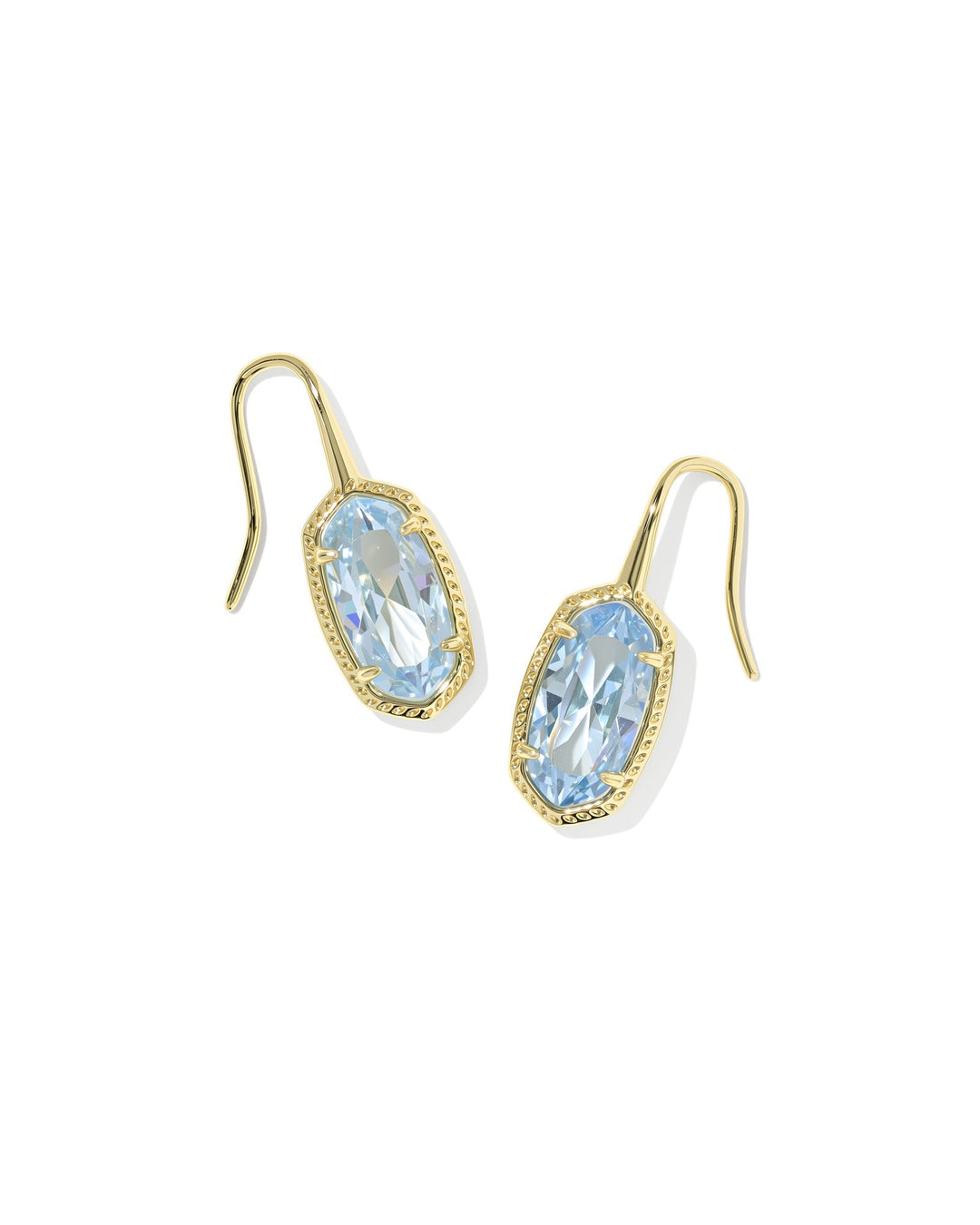 The Zertz LEE LUXE DROP EARRING showcases faceted oval LT BLUE CZ stones set in gold frames with an elegant hook design.