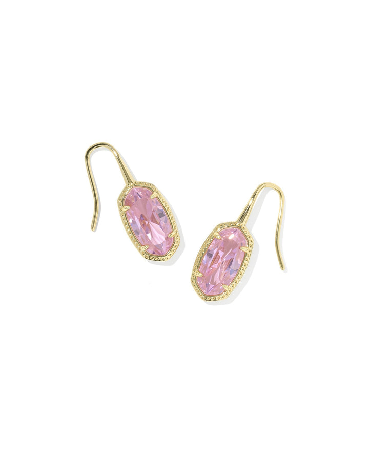 The Zertz LEE LUXE DROP EARRING showcases faceted, oval-shaped LT PINK CZ stones bordered by small clear accents, all displayed on a white background.