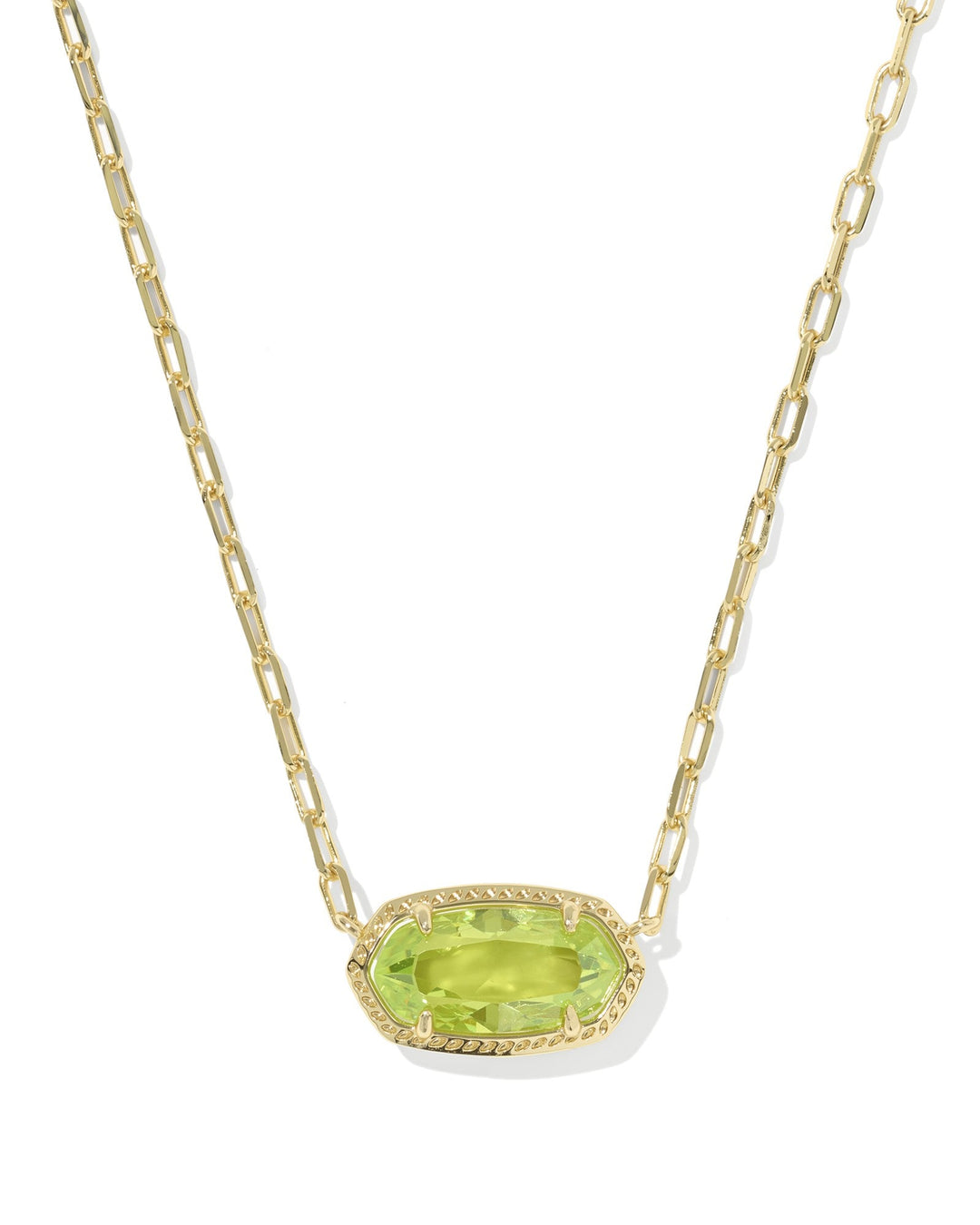 The Zertz ELISA LUXE PENDANT NECKLACE features a gold chain and a horizontally set, faceted LT GREEN CZ gemstone in an oval bezel with textured edge—an elegant choice for jewelry lovers.