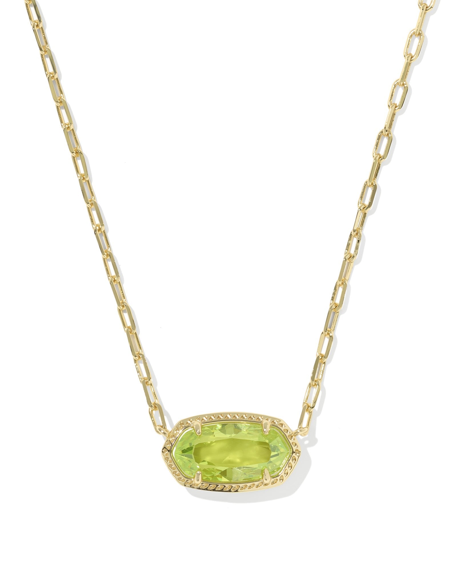 The Zertz ELISA LUXE PENDANT NECKLACE features a gold chain and a horizontally set, faceted LT GREEN CZ gemstone in an oval bezel with textured edge—an elegant choice for jewelry lovers.