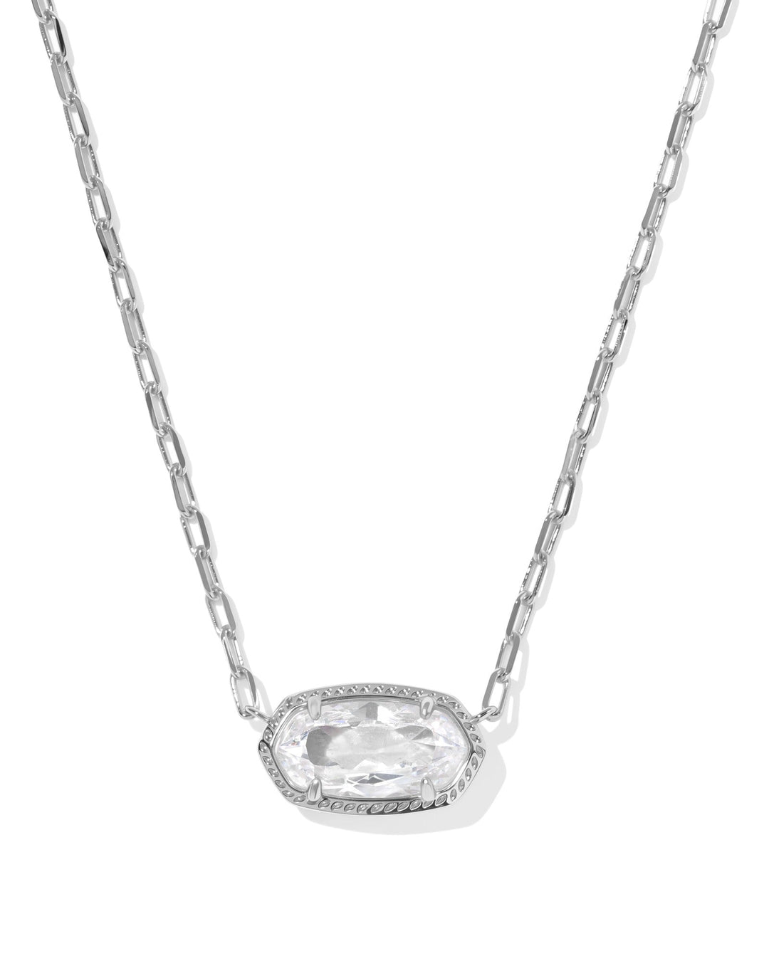 The Zertz ELISA LUXE PENDANT NECKLACE features a silver chain with elongated links and a faceted WHITE CZ oval pendant in a delicate frame—an elegant jewelry piece.