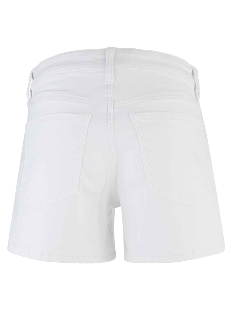 Back view of the Zertz JANE HIGH RISE SHORT REG HEM OPTIC WHITE, featuring two back pockets and belt loops, shown against a white background—an essential addition to any wardrobe.