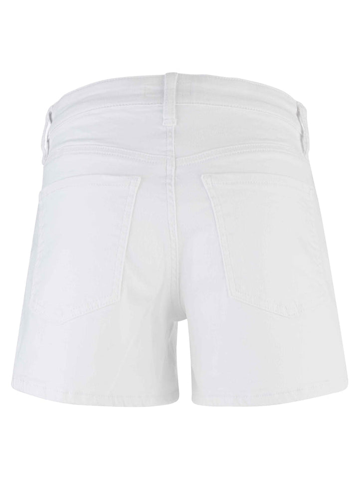 Back view of the Zertz JANE HIGH RISE SHORT REG HEM OPTIC WHITE, featuring two back pockets and belt loops, shown against a white background—an essential addition to any wardrobe.