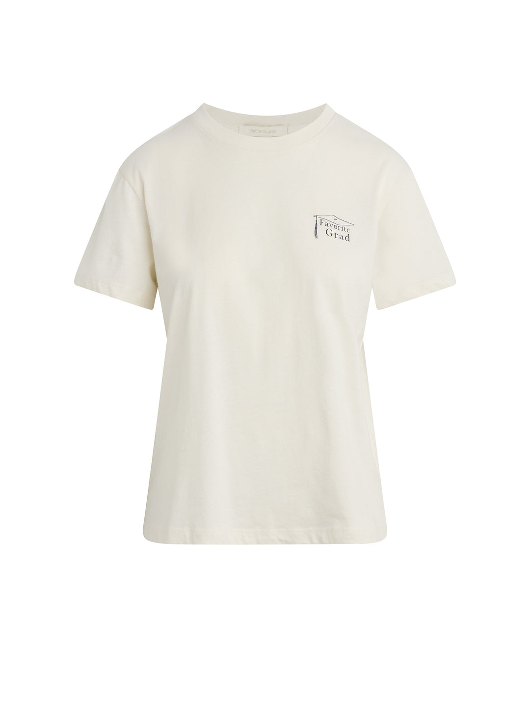 THE FAVORITE GRAD TEE by Zertz: A plain white short-sleeve shirt with a left chest pocket, featuring “Bonjour Grad” in black—an ideal graduation gift.