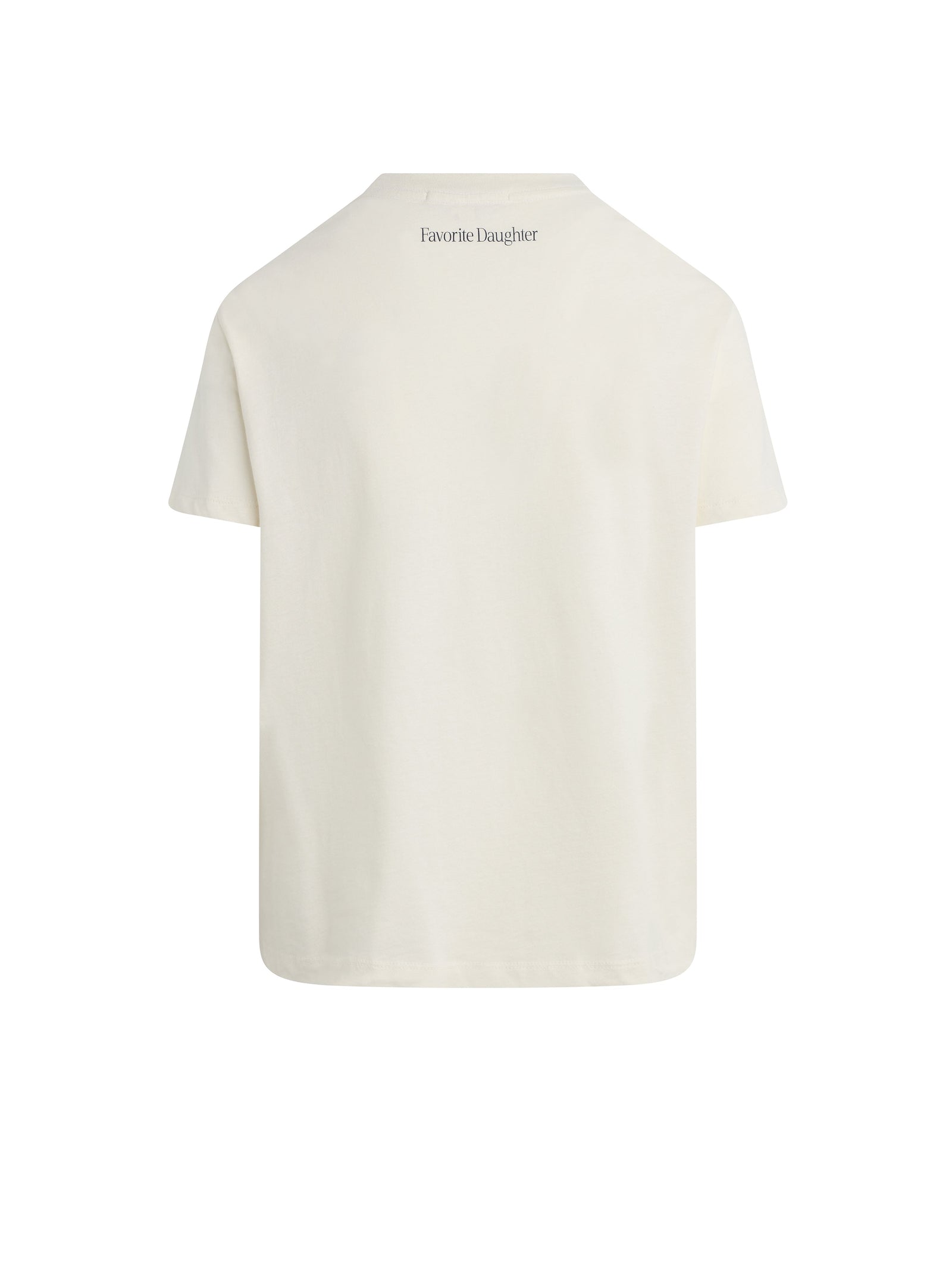 The Zertz THE FAVORITE GRAD TEE is a plain, short-sleeved, off-white T-shirt with "Favorite Daughter" in small black letters on the upper back—perfect as a graduation tee or thoughtful grad gift.